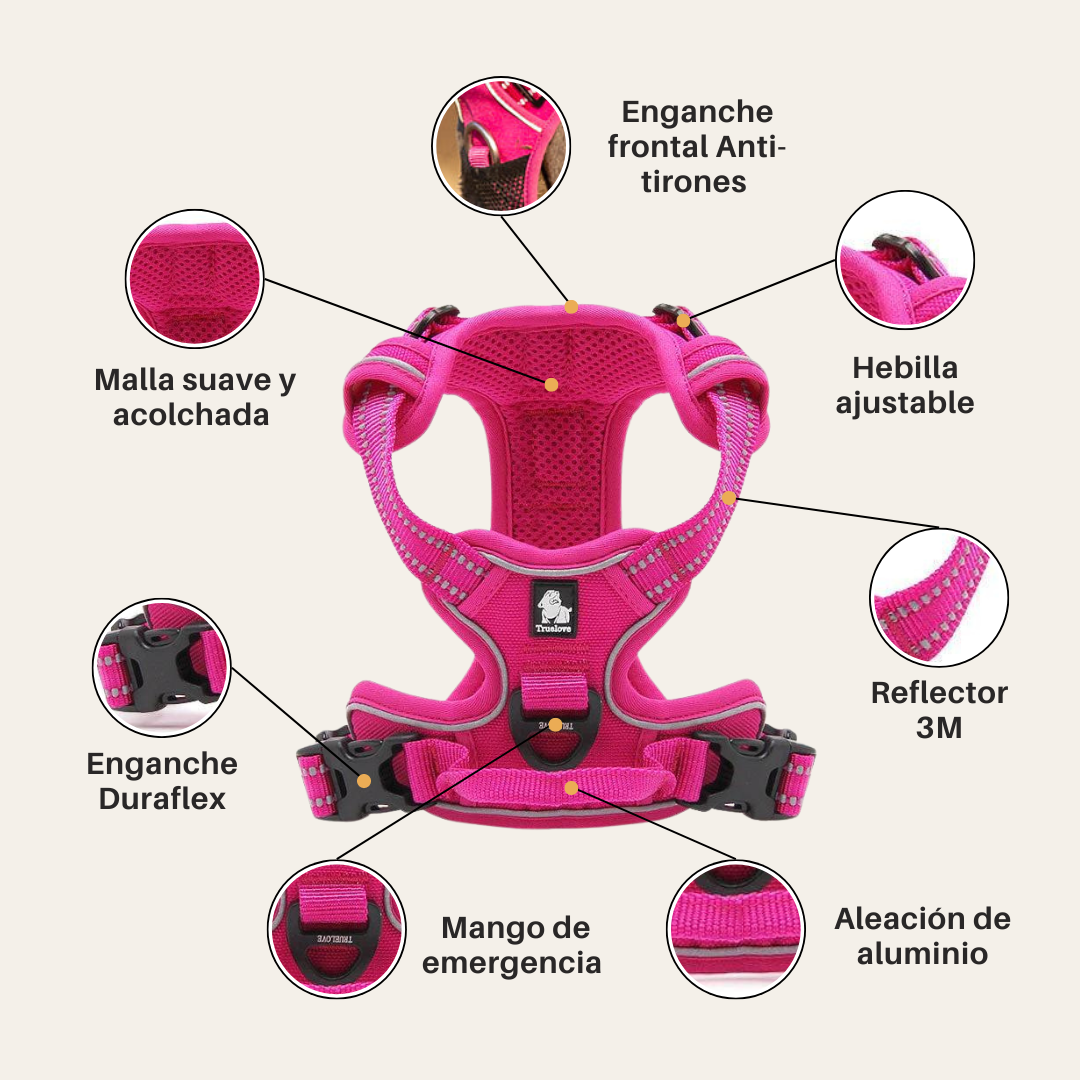 ¡Pack Fucsia! Arnés Anti tirones reflectante + Correa