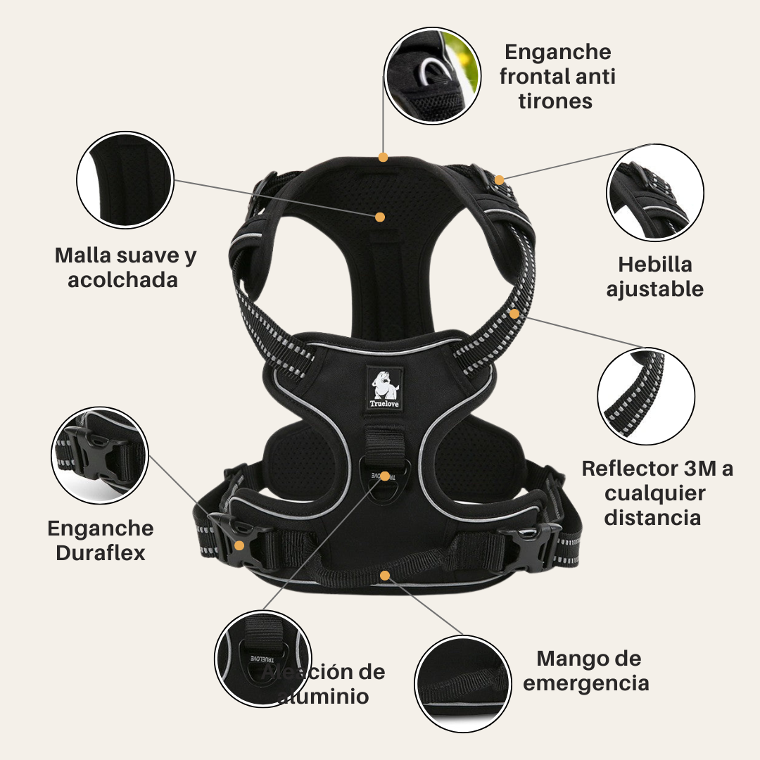 ¡Pack Negro! Arnés Anti tirones Reflectante + Correa